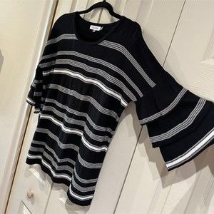 Calvin Klein Black & White Stripe Ruffled Bell Sleeve Scoop Neck Tunic Sweater